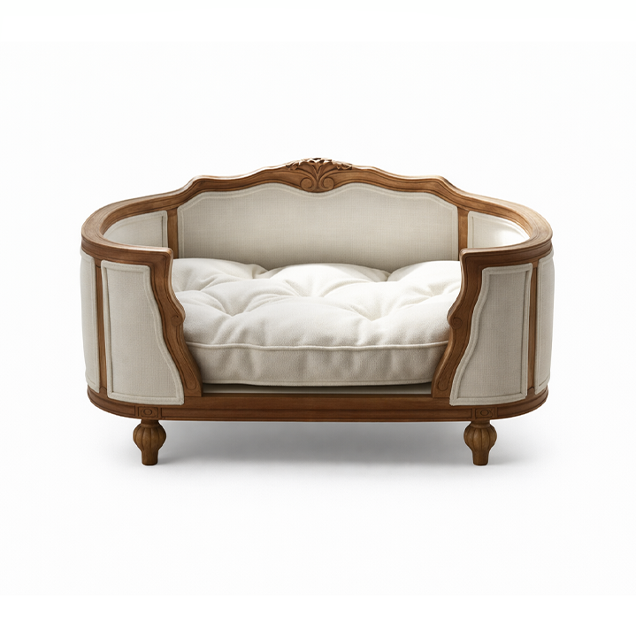 Solid Oak Dog Bed — 23.6" Linen Upholstered Bed for Small Dogs