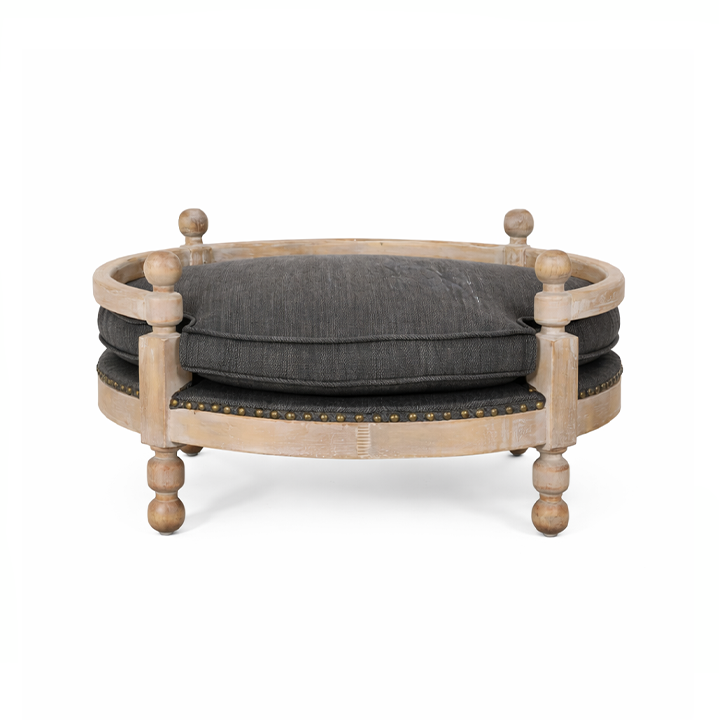 Round Dog Bed — 28.75" Upholstered Memory Foam Bed with Nailhead Detail for Small & Medium Dogs